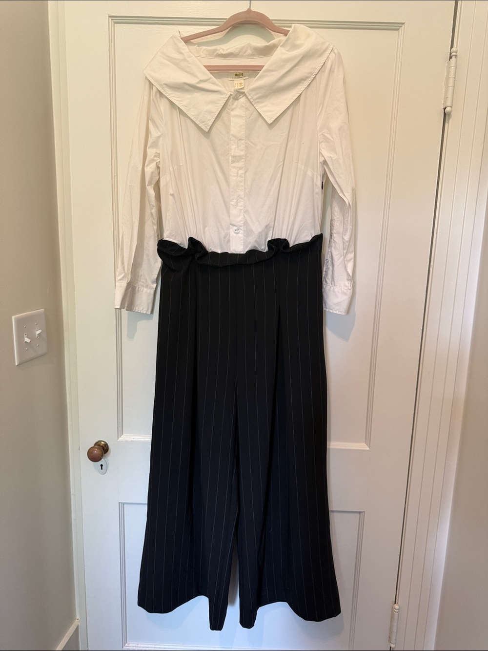 Maeve White Collared Top with Black Pinstripe Wide-Leg Jumpsuit